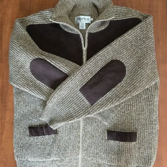 Harley Of Scotland Vintage Mens Full Zip Wool Faux Suede Patch Hunting Sweater L